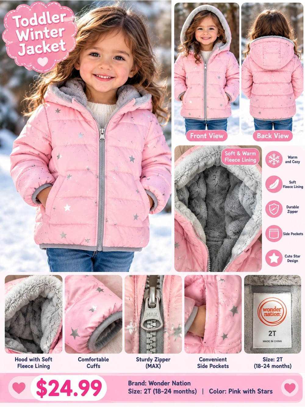 wonder nation Pink Puffer Jacket with Silver Stars